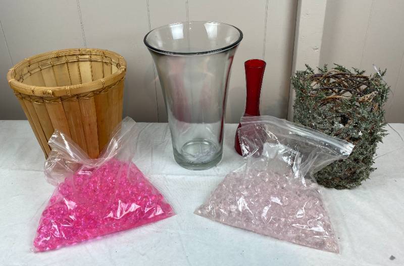 lot 6299 image: Lot of Glass Vases & Wicker Basket & More