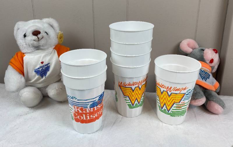 lot 6326 image: HISTORICAL - Wichita Wings Plastic Cups and Stuffed Animals
