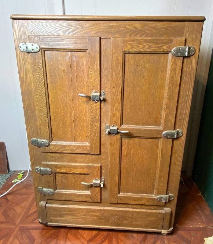 lot 6345 image: Antique Wooden Ice Box - Amazing See pics for measurements - Bring Help and Tools to Load