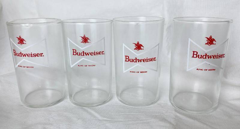 lot 6348 image: Set of 4 Vintage Budweiser Bow tie Small Beer Glasses - King of Beers