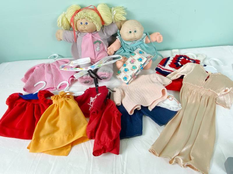 lot 6366 image: Lot of Two Vintage Cabbage Patch Babies and Nice Doll Clothes including a fancy dress