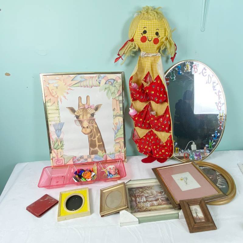 lot 6368 image: Vintage Toy Room Hanging Organizer, Pretty Playroom Accessories. Wall Hangings