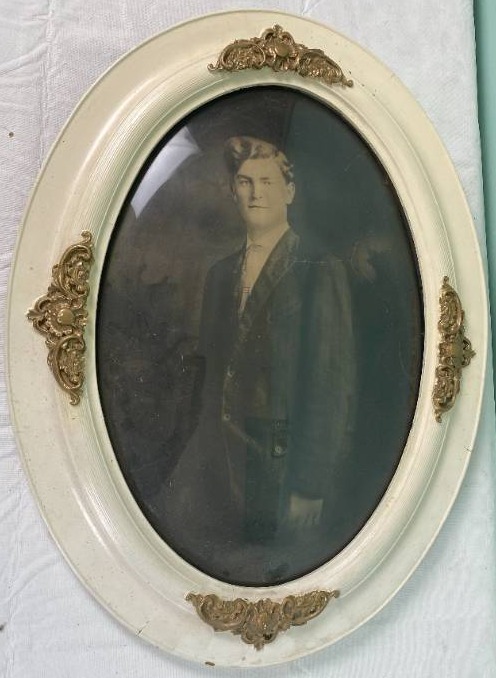 lot 6371 image: Antique Heirloom Portrait in Ornate Wooden Frame with Bubble Glass - Over two feet in height
