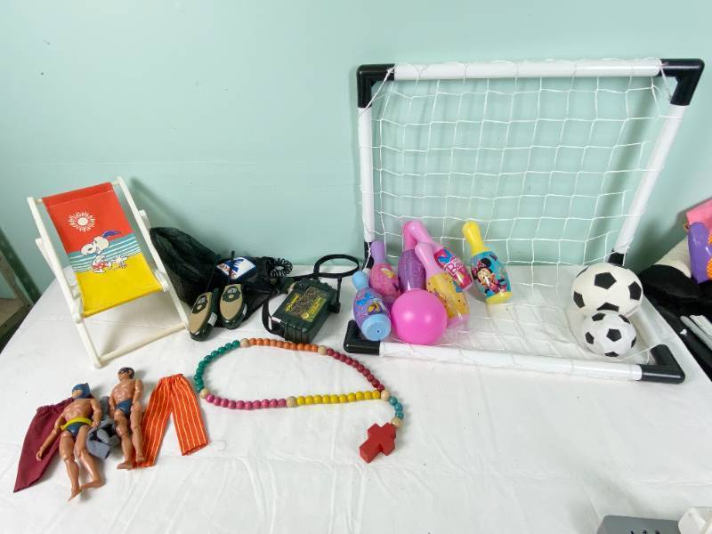 lot 6377 image: Vintage Batman and Robin Dolls and Kids Activity Lot -&nbspSoccer Set, Bowling Set, Walkie Talkies and More
