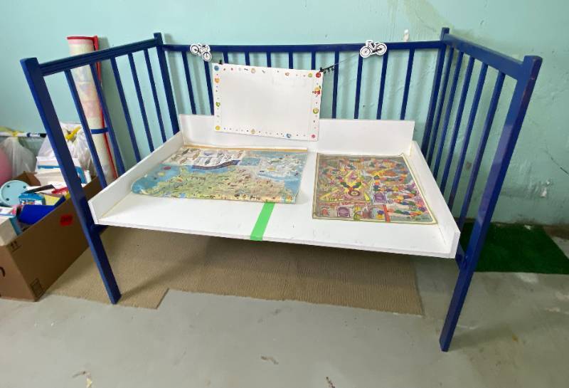 lot 6390 image: Childrens Activity Desk Made from a Converted Baby Bed How Cool