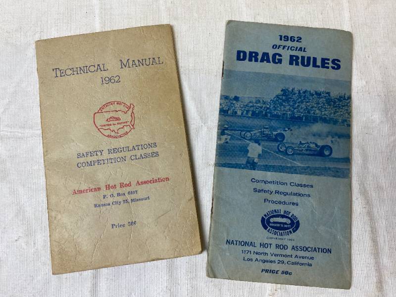 lot 6415 image: Vintage 1962 Drag Racing Technical Manuals Official Rules and Safety Regulations Booklets - American and National Hot Rod Associations - WOW