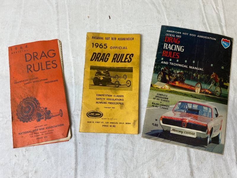 lot 6416 image: Vintage 1964, 1965, 1968 Drag Racing Technical Manuals Official Rules and Safety Regulations Booklets - American and National Hot Rod Associations - WOW