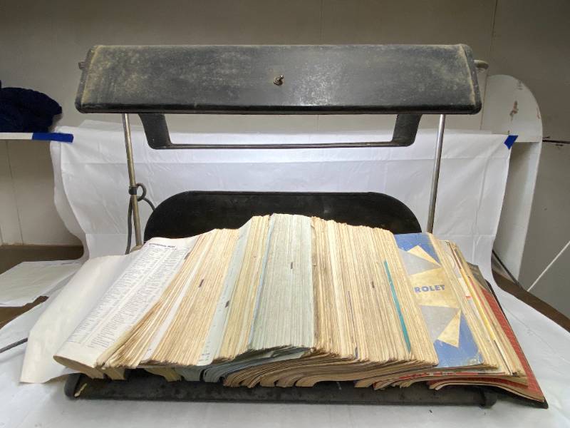 lot 6439 image: Vintage Catalog Stand with Reading Light - Lots of Magazine Clips Included - Books Not included - Check this one out Its COOL - Light Works