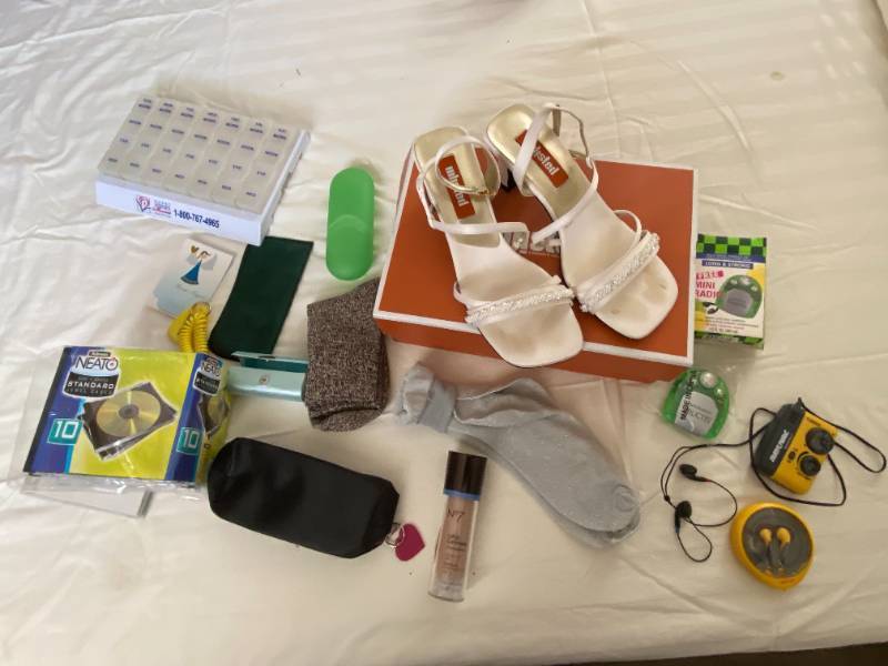 lot 9425 image: Ladies lot - Wedding Prom Shoes Size 8, Pill Organizer, NEW Socks, Makeup, Portable Radios and more