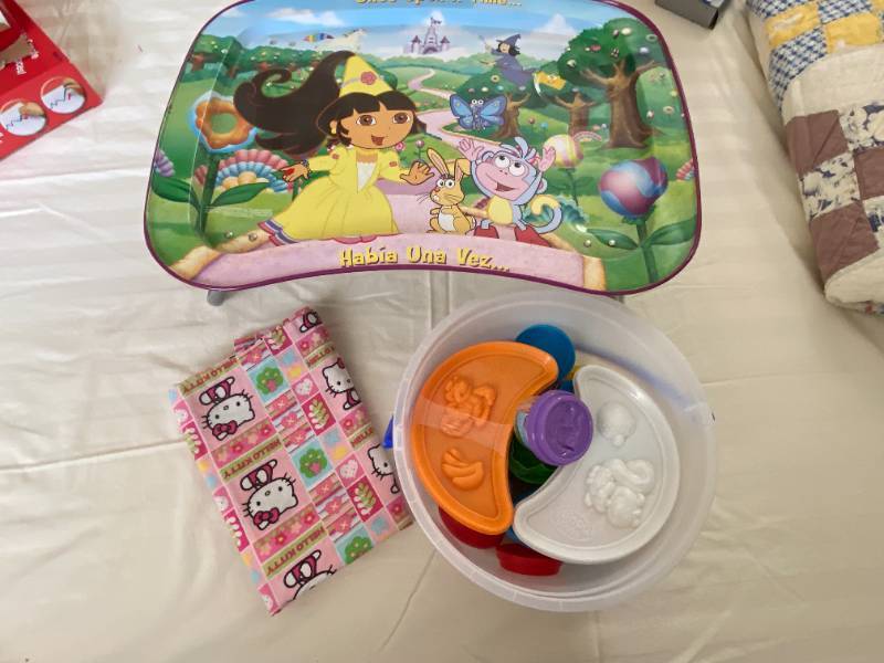 lot 9428 image: Kids Activity Lot - DORA Tray Table, Hello Kitty and Moon Dough Play Set w Dough and Cutters Hours of Fun