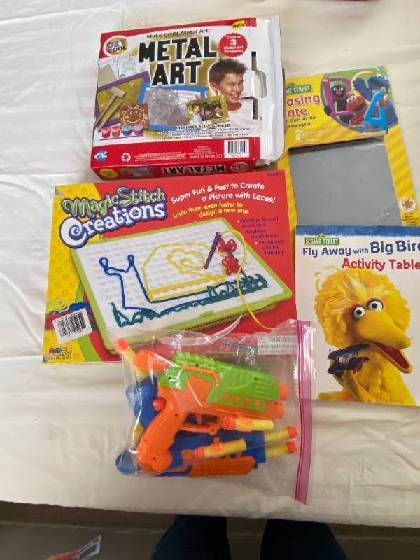 lot 9429 image: Kids Activity Lot - Nerf-Style Gun with Darts, Sesame Street, Erasing Slate, Metal Art Set, Magic Stitch Creations - So fun