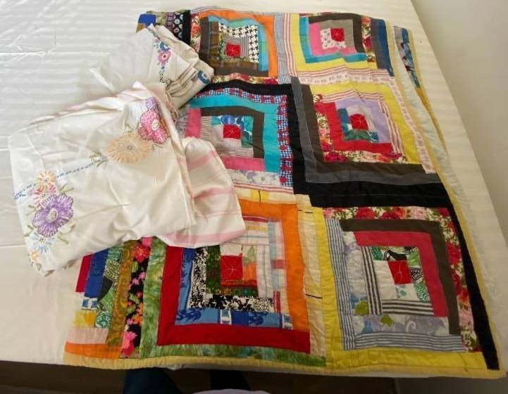 lot 9443 image: Lot of Vintage Handmade Quilts and Hand Embroidered Items See Pics