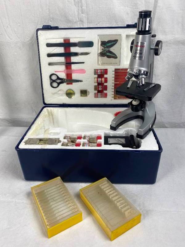lot 9447 image: Vintage TASCO 1200 X Zoom Microscope M# M1200ZFC w Case, FULL of Accessories and Slid Specimens - Very nice and clean