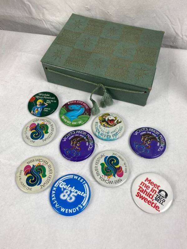 lot 9448 image: Lot of Vintage Wichita River Festival Buttons, Wichita History and Taco Bell In a pretty Vintage Box