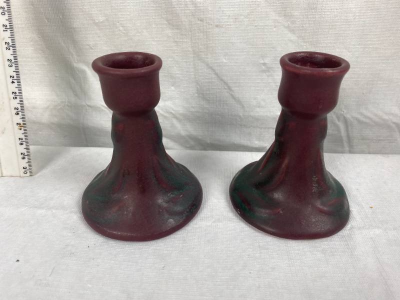 lot 9451 image: Vintage Circa 1950s Van Briggle Pottery Pair Candlestick Holders Colorado Springs CO USA RARE Expensive and Collectible