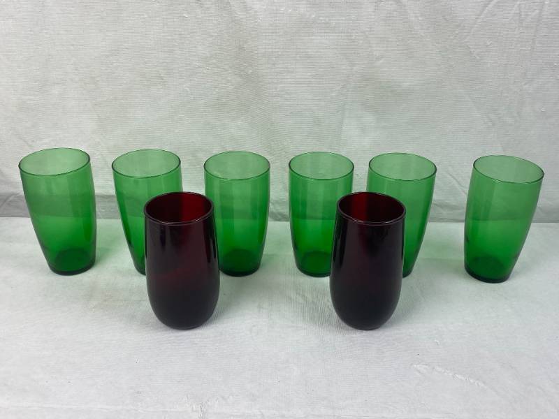 lot 9455 image: Lot of Neat Colored Glass Drinking Glasses - Vintage Green and Vintage Red - must see&nbsp