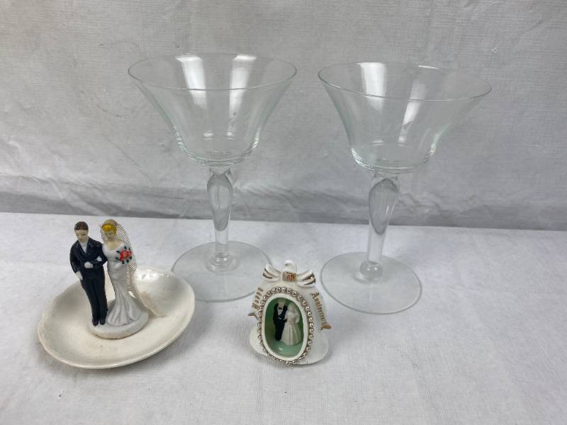 lot 9456 image: Just Married Lot - Bride and Groom Etched Champagne Glasses and Two Vintage Wedding Figurines - Happy Anniversary BONE CHINA JAPAN Bell and Cake Topper Empress Bride and Groom with VEIL Made in Japan