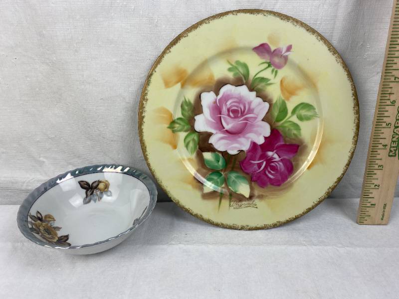 lot 9457 image: Lot of Two Vintage Floral Painted Dishes - Plate J. Nagasaki NORLEANS JAPAN &amp Bowl - JAPAN - Collectible