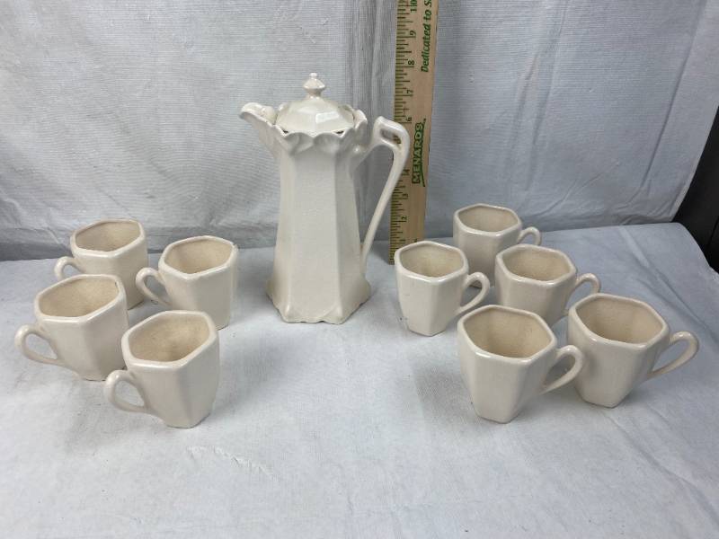 lot 9462 image: Vintage White Ceramic Tea Set - Very Old With 8 cups
