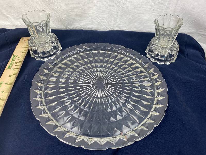 lot 9464 image: Large Glass Serving Platter and Unique and Versatile Candle Stick and Votive holders - See Pics