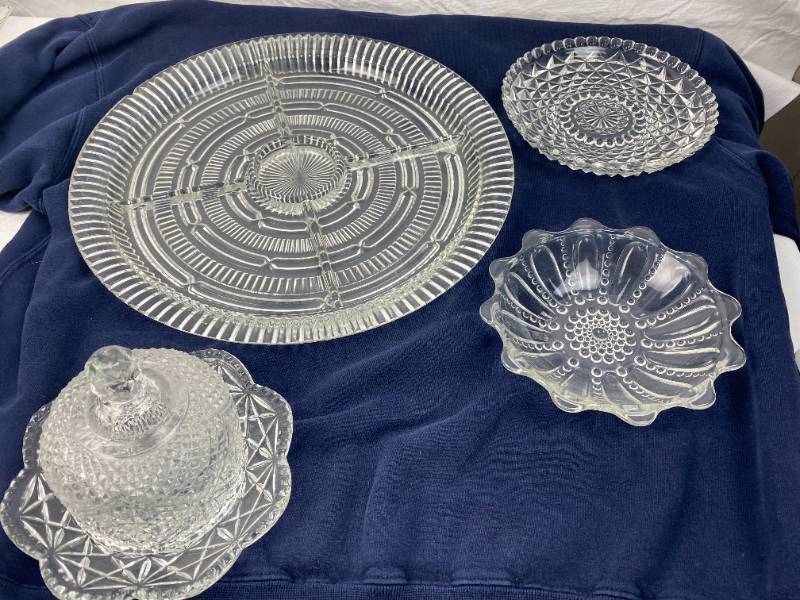 lot 9466 image: Lot of Vintage Glass Pieces - Large Divided Serving Plate, Two Candy Dishes and Nice Dish with Domed lid