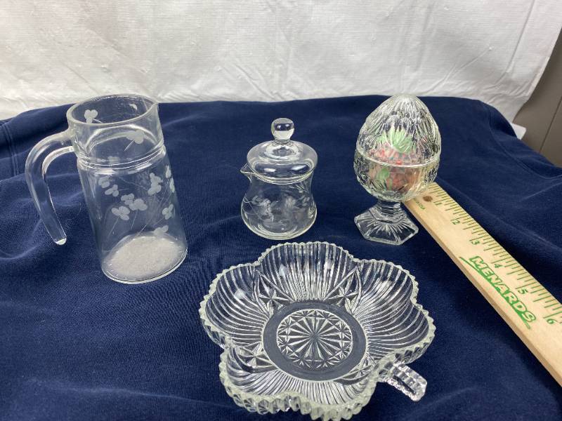 lot 9467 image: Lot of Vintage Glass Ware - Pedestal Egg w Lid, Shamrock Dish, Cut Glass Creamer and Small Pitcher - HTF