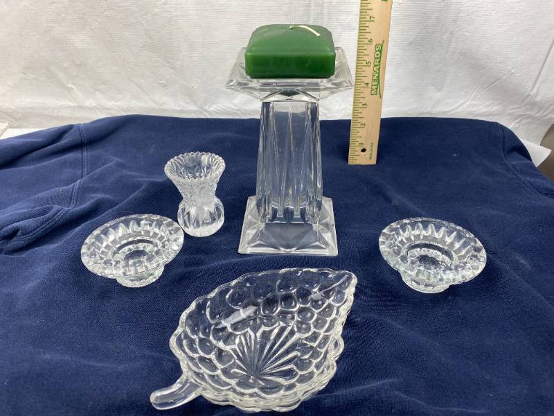 lot 9471 image: Neat Crystal Pieces - Tower Candle holder, Taper Candle holders, Grape Dish and Toothpick Holder - WOW