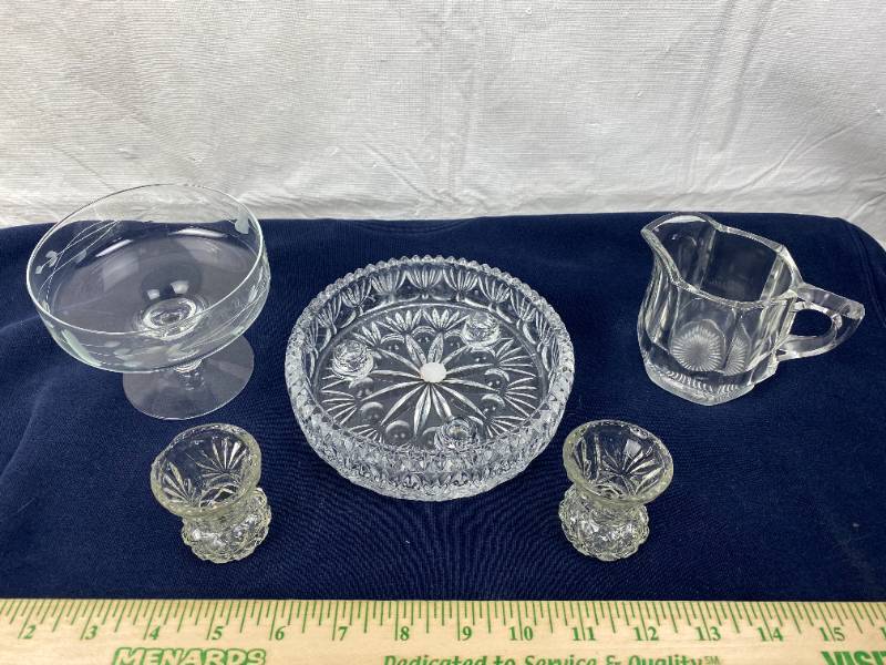 lot 9473 image: Nice Glass Serving Pieces and Taper Candle Holder Dish Unique