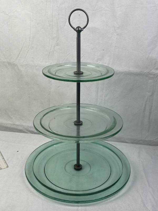 lot 9475 image: Glass and Metal 3-Tiered Serving Stand - Very Tall See pics for measurements - NICE