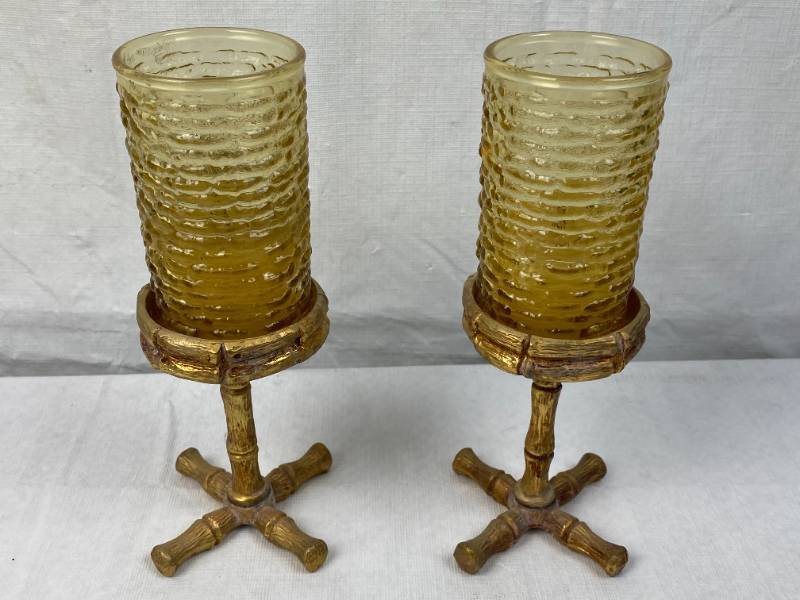 lot 9478 image: Pair of Vintage Glass and Metal Votive Candle Holders - High Style