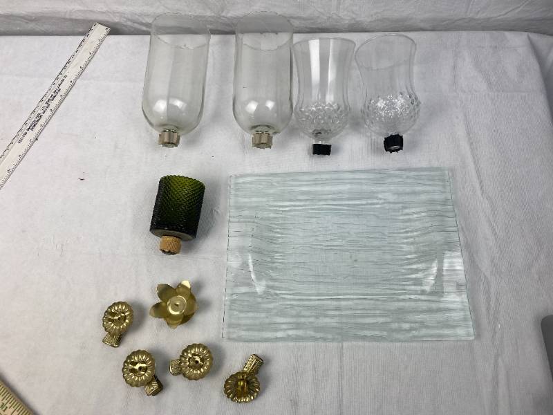 lot 9484 image: Lot of Glass Candle Sconces, Vintage Clipon Candle Holders and a Really Cool Bent Glass Serving Plate