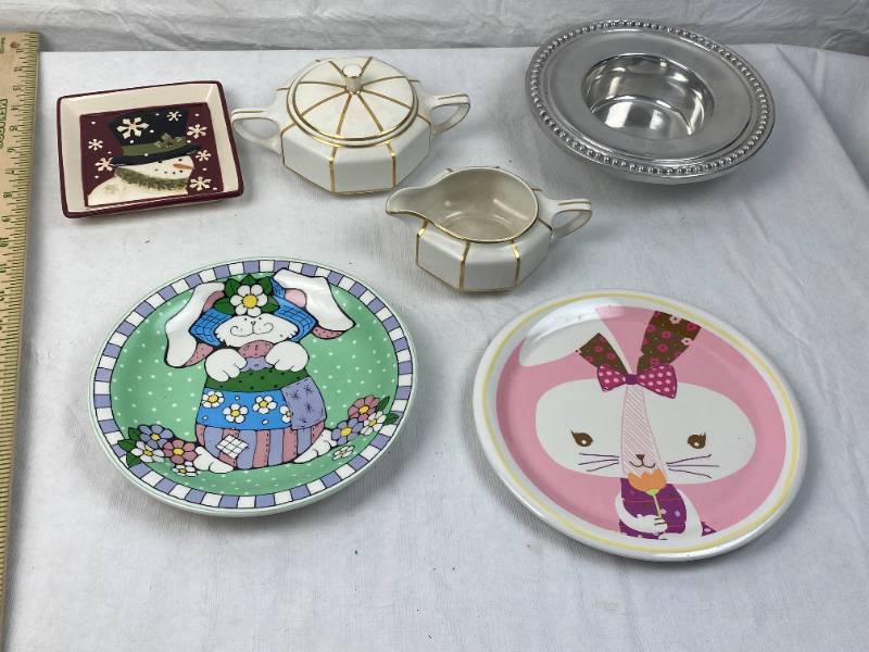 lot 9490 image: Lot off Neat Potter Items and Metal Candle Holder - Steubenville Chine 3671, Easter Plates - X-Mas Square and More
