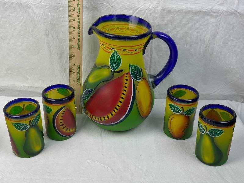 lot 9498 image: Beautiful Mexican Margarita Serving Set - HEAVY and THICK Hand Blown Glass - Approx 12 tall Pitcher and Four Glasses - Hecho En Mexico