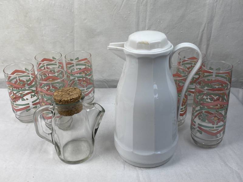 lot 9501 image: Lot of Drinking Glasses, Insulated Serving pot and a Unique Cut Glass Creamer Pitcher