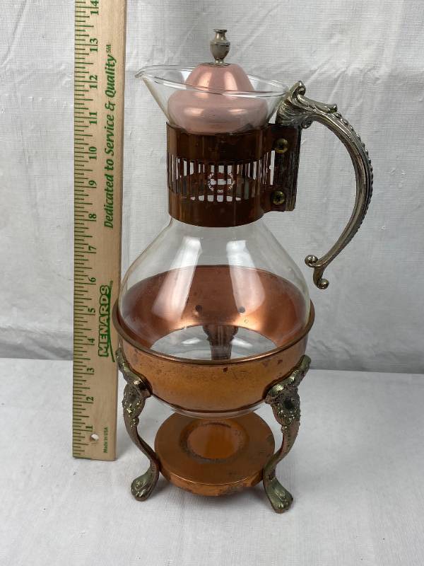 lot 9502 image: Vintage Glass and Metal Beverage&nbsp Serving Pot and Stand