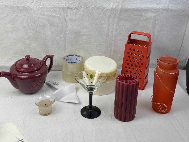 lot 9506 image: Lot of Great Kitchen Misc - Cool Orange Grater, Food Scale, Martini Glass, Maroon Ceramic Teapot and more