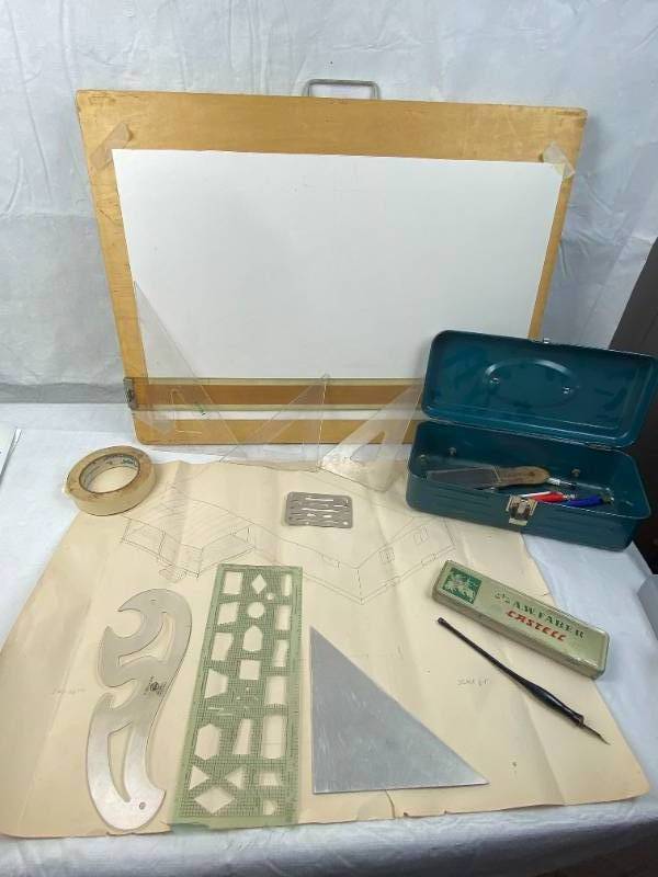 lot 9517 image: Vintage Drafting Kit - Lots of Vintage Tools, Drafting Art Board, A.W. Faber Castell INK Well Pen &amp More