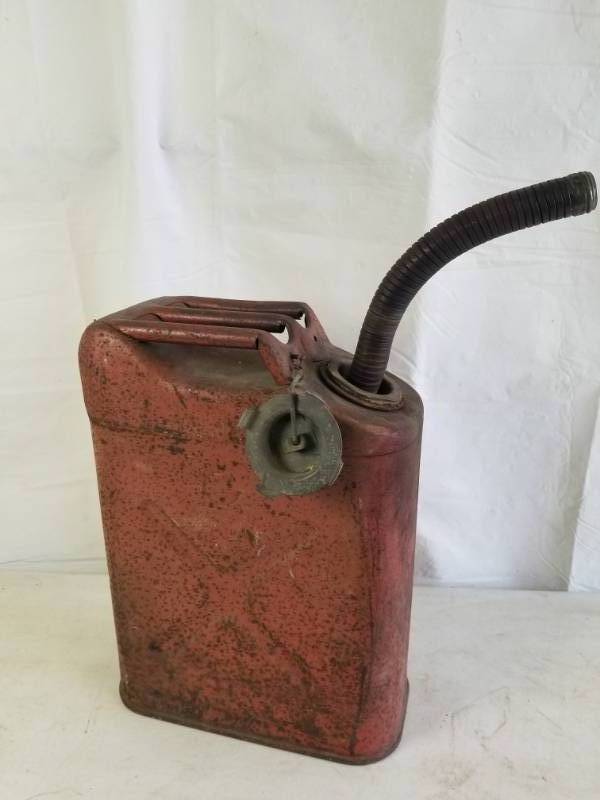 lot 9960 image: Vintage Metal Gas Can - w Pour Spout and Lid
