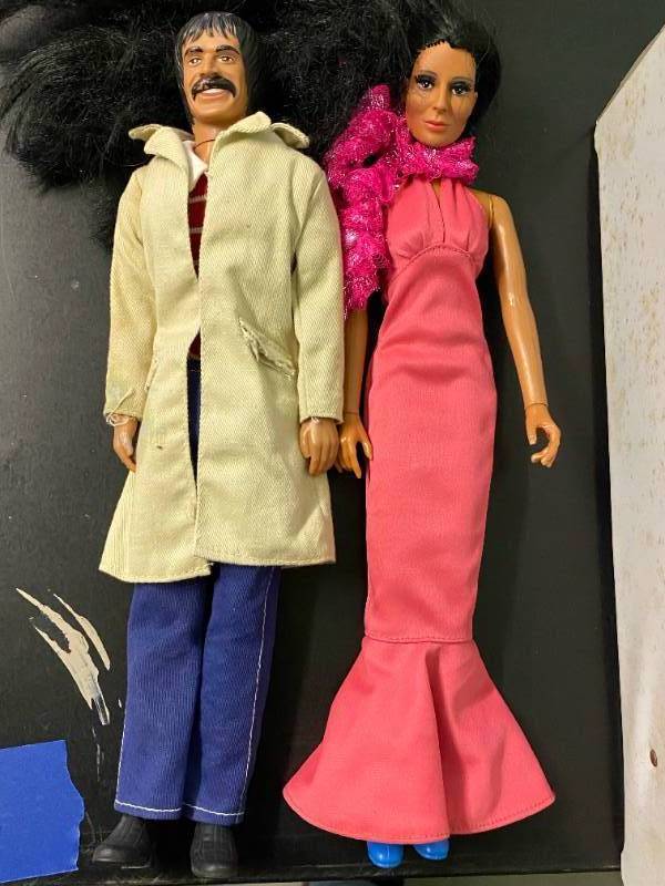 lot 6376 image: Sonny and Cher Dolls and BARBIE STUFF Lot of Vintage Barbies, Barbie Clothes and Some Handmade Barbie Clothes - Includes Barbie Storage Case and Case for Clothes