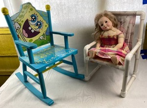 lot 6210 image: Sponge Bob Childs Chair, PVE Childs Chair and a Vintage Doll