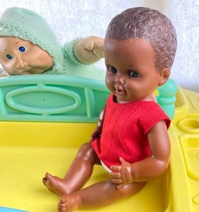 lot 6211 image: Shindana Toys 1972 Baby Operation Bootstrap with Doll - Baby Doll Care Set - Changing Center, Feeding Chair, Bath and Baby Doll Item Storage and vintage other dolls