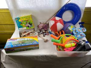 lot 6258 image: Lot of New Kids Yard Games - CROQUET and RING TOSS and also a tub full of poolwater toys