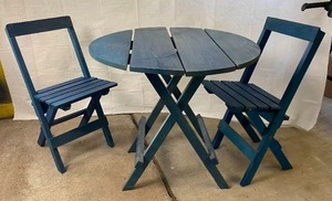 lot 6253 image: Cute Wooden, Folding Patio Table and Chairs Set - Dusty Navy Blue - Adorable