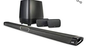 lot 1202 image: Polk Audio MagniFi Max SR Home Theater Surround Sound Bar  Works with 4K & HD TVs  HDMI, Optical Cables, Wireless Subwoofer & Two Speakers Included Black Some Damage See Pictures