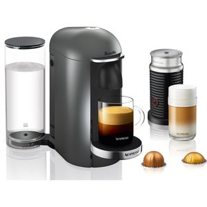 lot 20323 image: Breville Nespresso VertuoPlus Deluxe Coffee & Espresso Single-Serve Machine in Titanium and Aeroccino Milk Frother in Black