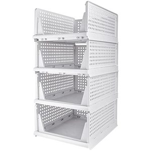 lot 20885 image: Mupera Closet Storage Basket Stackable - White Folding Storage Bins (2022 New) Plastic Push-pull Clothes Organizer Shelf, Collapsible Storage Organizer for Wardrobe Bathroom Kitchen Office (4 Pack L)