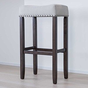 lot 20910 image: Nathan James Hylie Nailhead Wood Pub-Height Kitchen Counter Bar Stool 29, Light GrayDark Brown