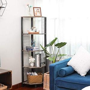 lot 20913 image: X-cosrack 5 Tier Corner Shelf with Grid Plate, Industrial Corner Storage Display Rack Small Bookcase Plant Stand for Bedroom, Living Room, Bathroom, Kitchen, Home Office, 56.5 Inch Tall, Rustic Brown
