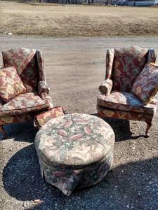 lot 8 image: 2 expressions wing back chairs three pillows and ottoman