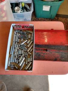 lot 50 image: flat of 14 inch sockets different makes and brands Craftsman SK and others and metal box